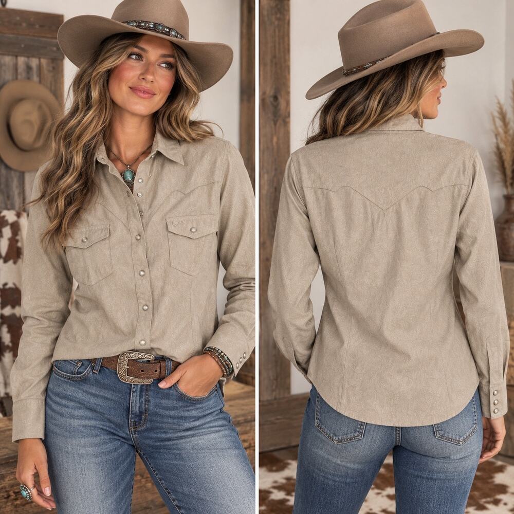 Outback Outfitters Western Pearl Snap Paisley Embossed Top Women’s Medium Rodeo